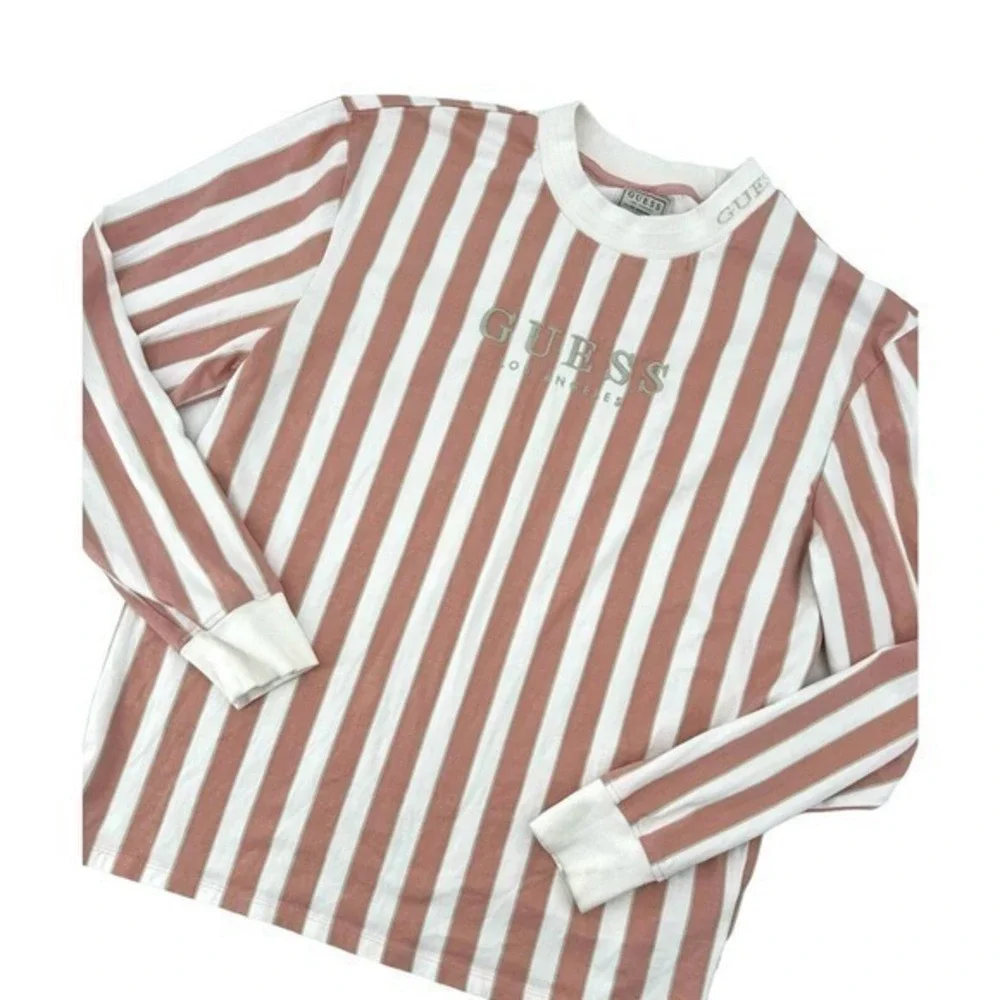 Guess‎ Pink Striped Long Sleeve Crew Neck Shirt Embroidered Guess Logo Women's M